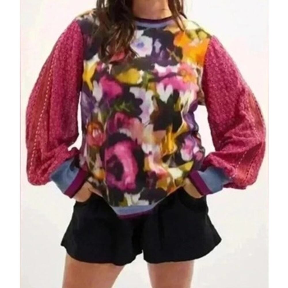 Bl^nk London Floral Eyelet Pullover Size XS Oversized Balloon Sleeve Anthro Top